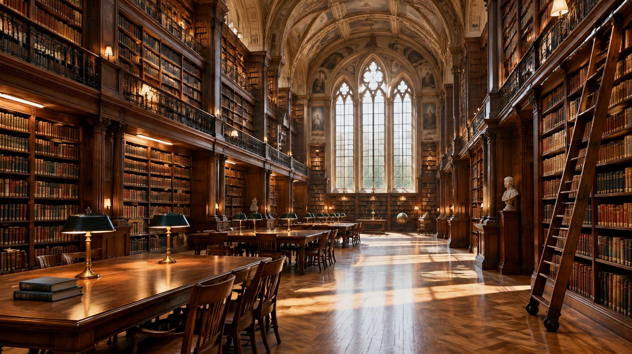 Grand old library interior with bookshelves