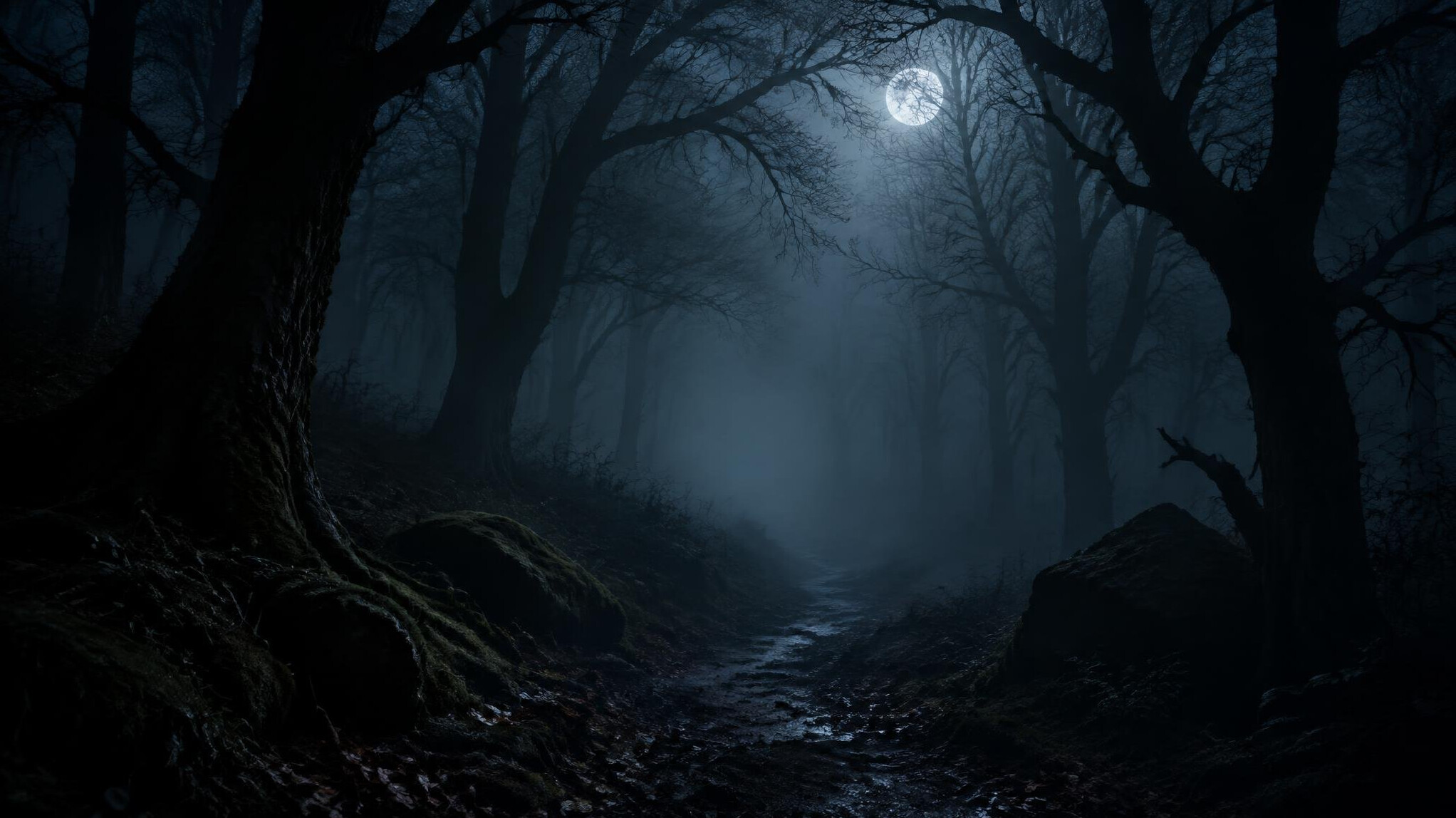 dark foggy forest path