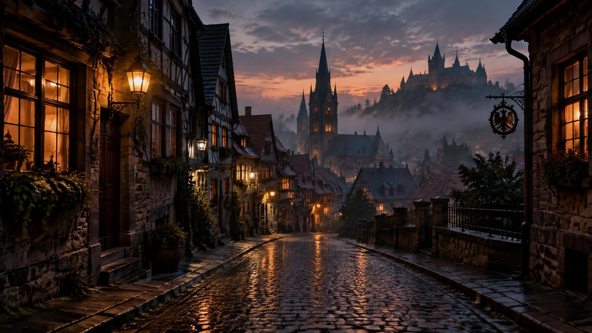 Foggy old European city street at dusk