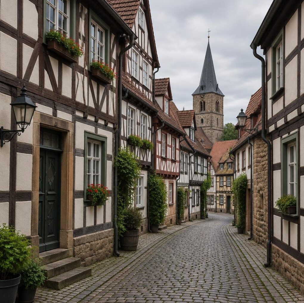 Narrow European street with historic houses