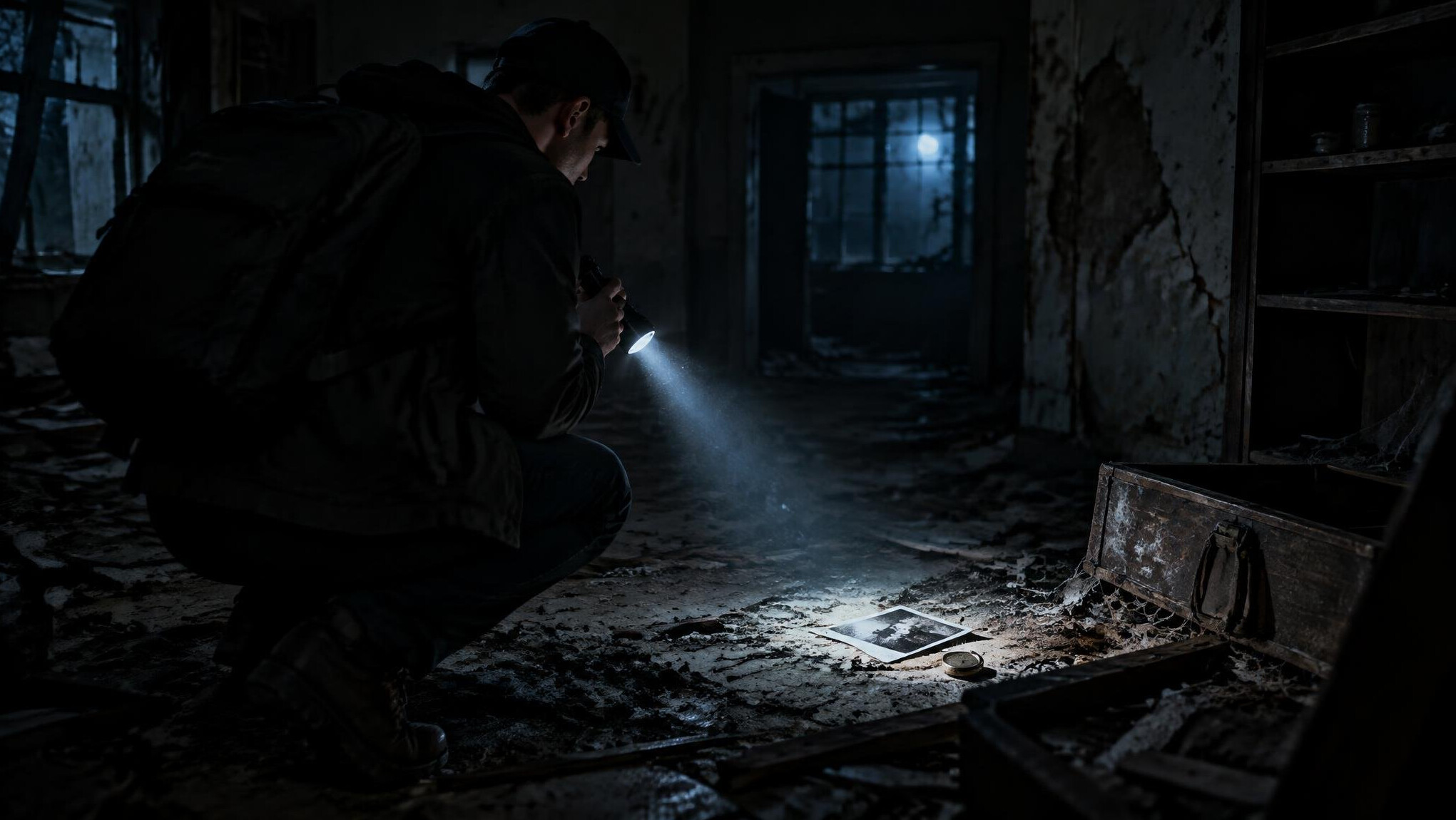 person searching abandoned building