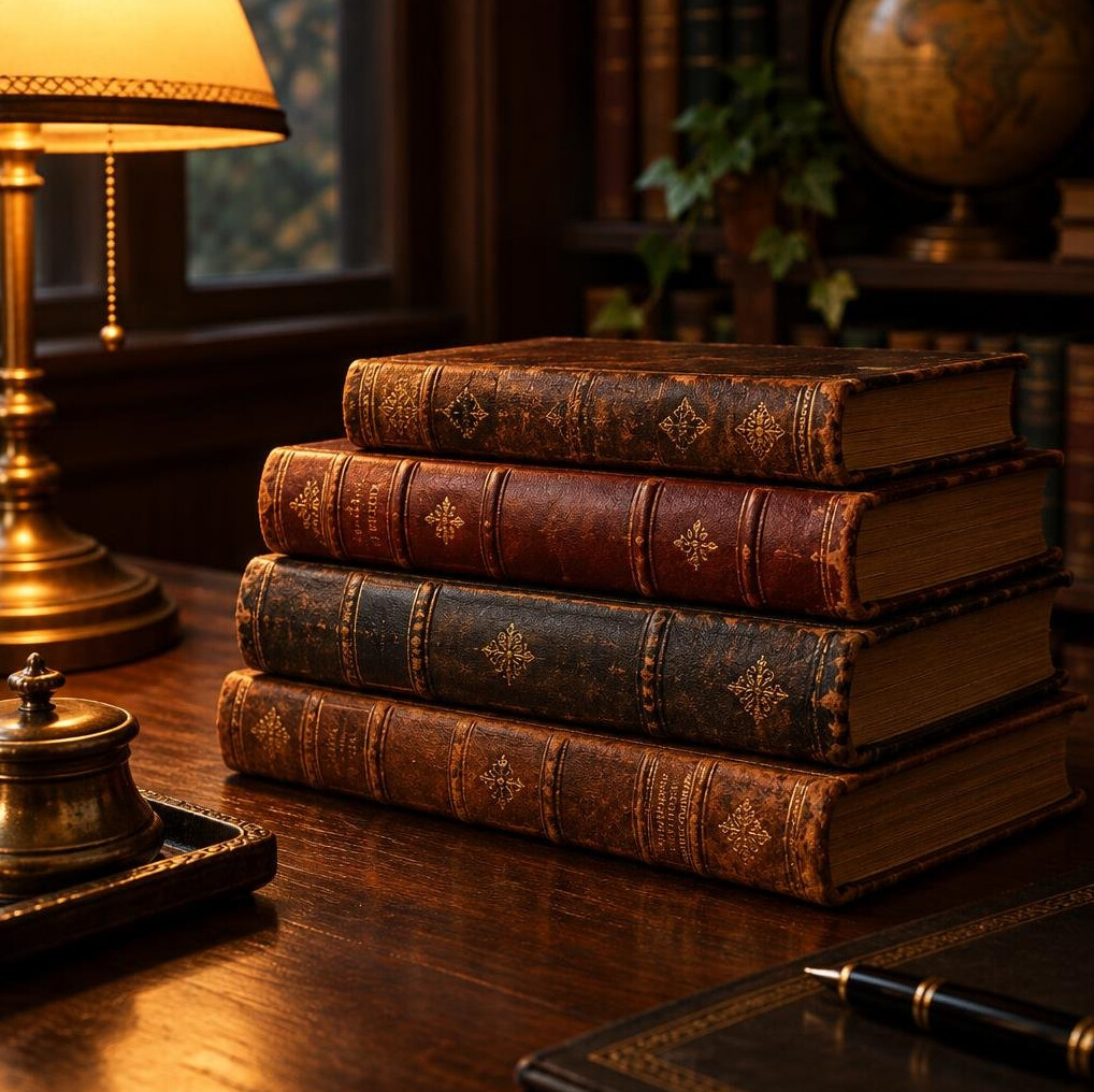 Stack of old books on a wooden desk