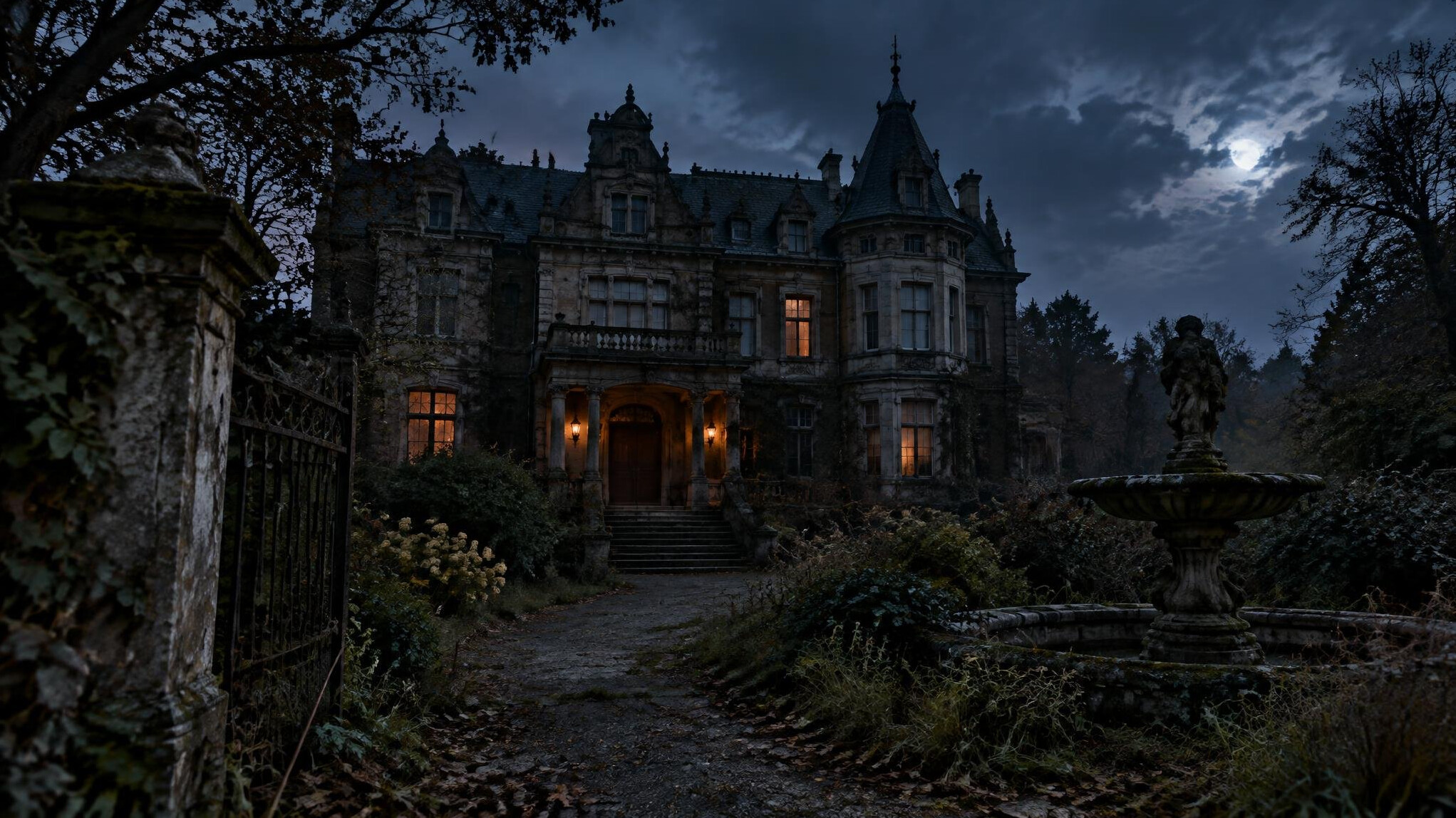 old mansion exterior at dusk