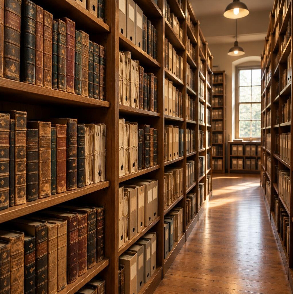 Tall library shelves filled with books