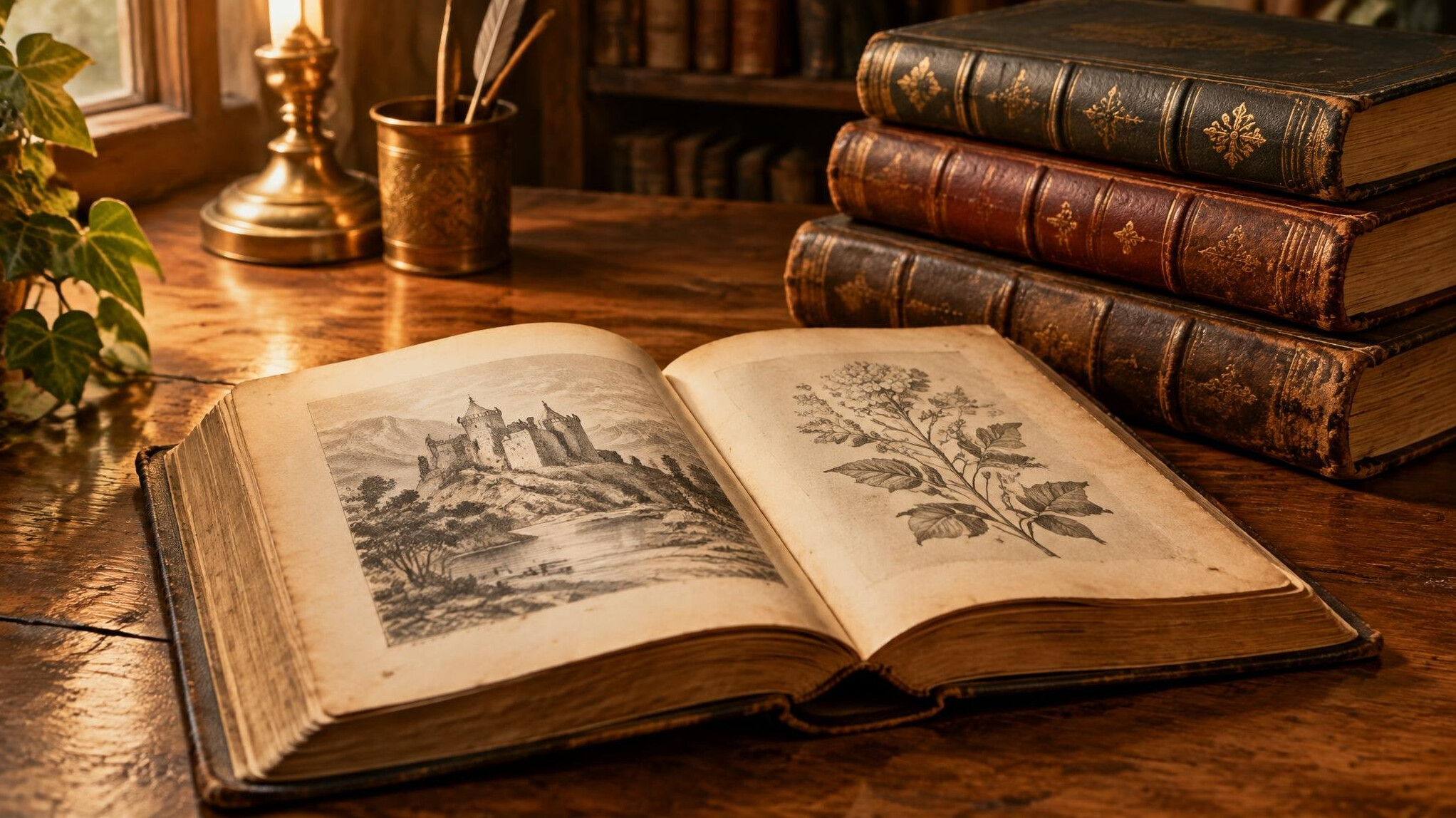 Open book on a table with other books