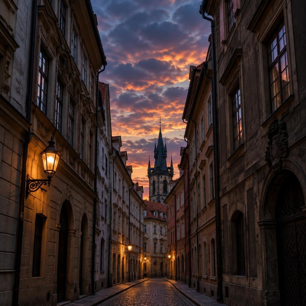 City buildings seen from below at dusk